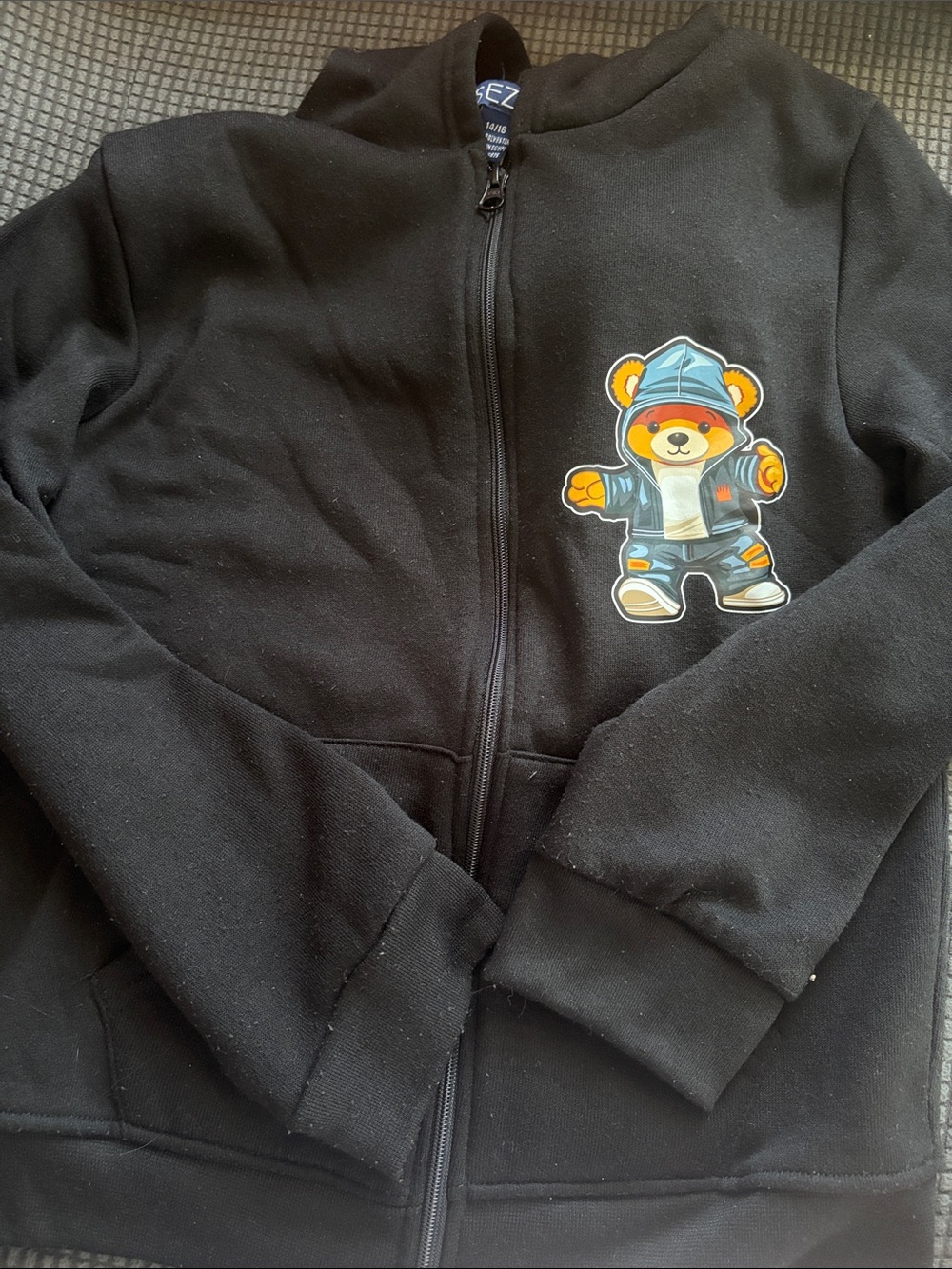 Kids Black Zip-Up Hoodie with Bear Graphic